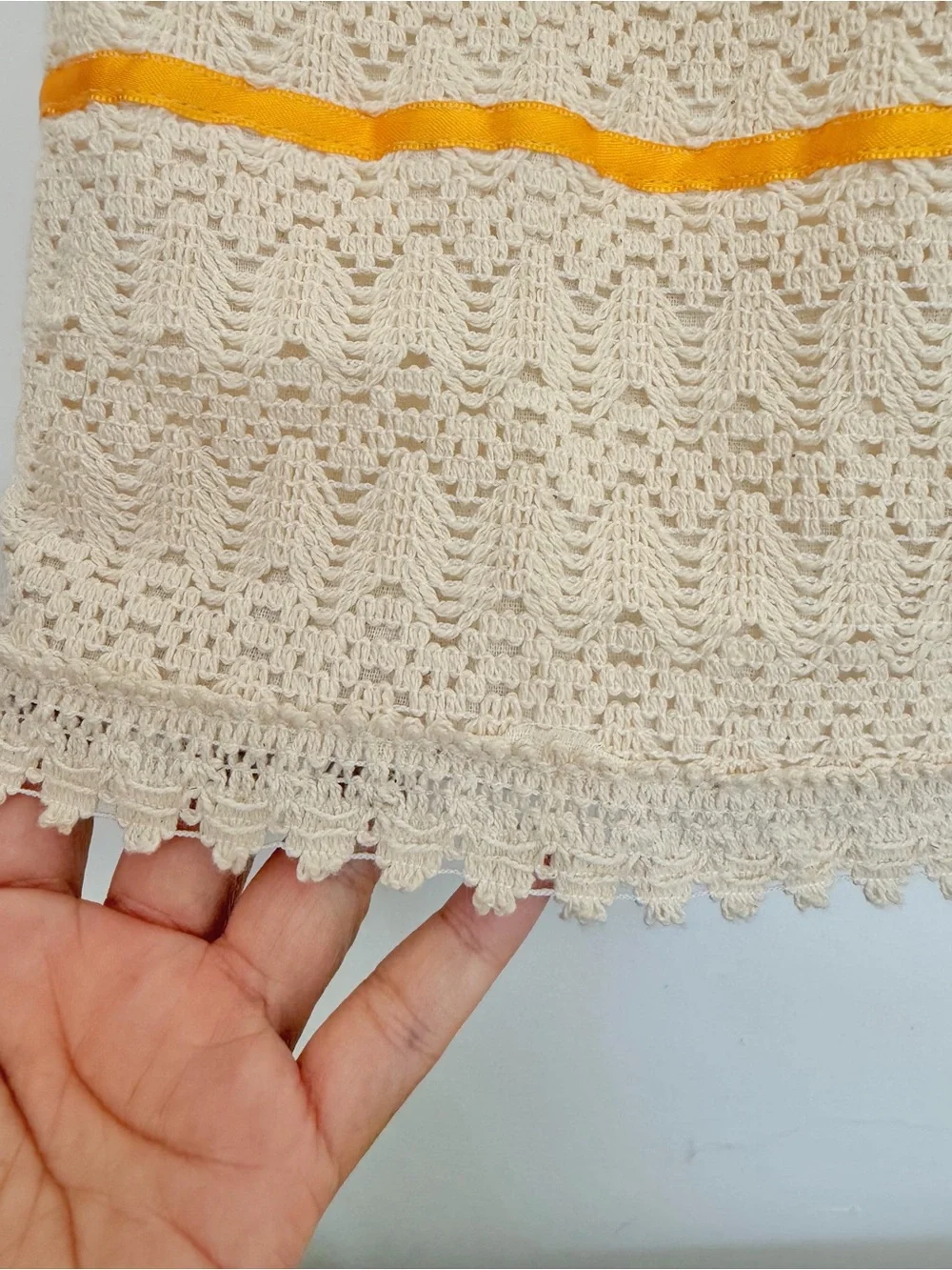 Handmade Mexican Cream and Yellow Embroidered Crochet Kids Dress w Ribbons 3T-4T
